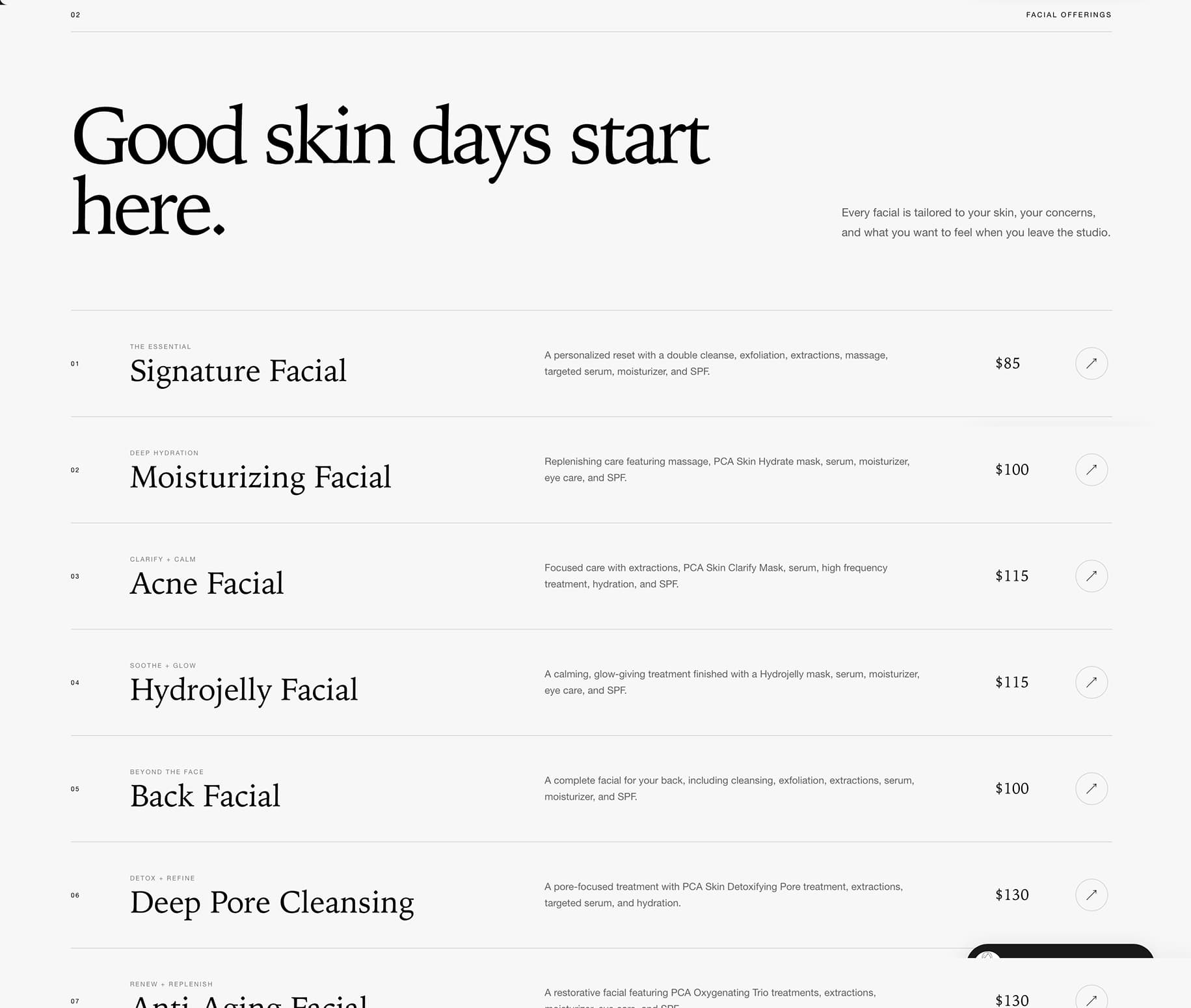 Facial Services & Pricing — screenshot