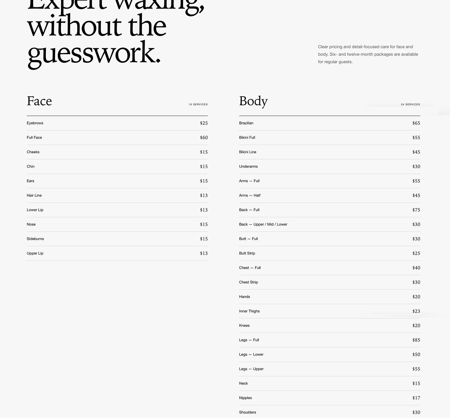 Face & Body Waxing Catalog — screenshot