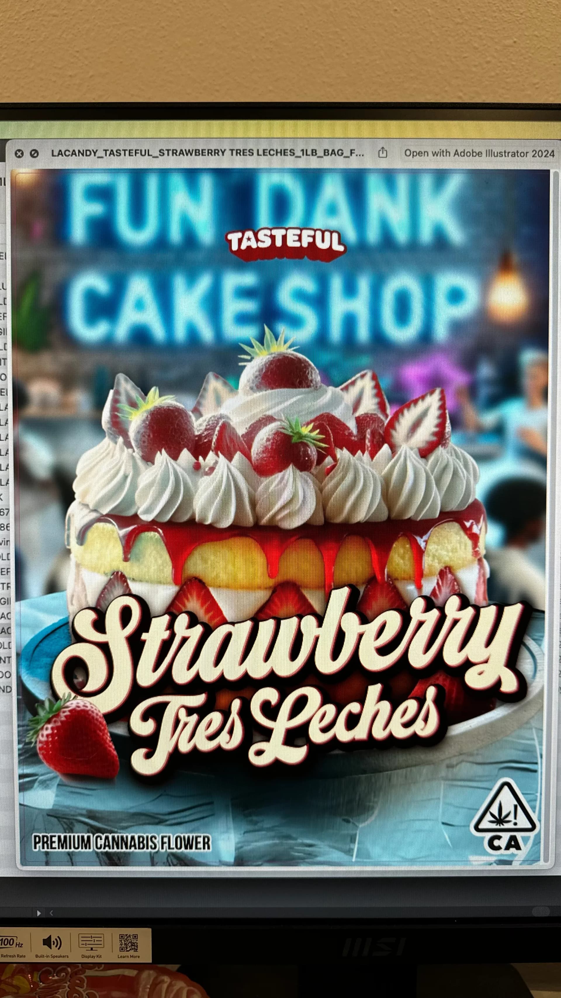 Illustrator production screen finishing The Candi Factory Strawberry Tres Leches artwork with title treatment
