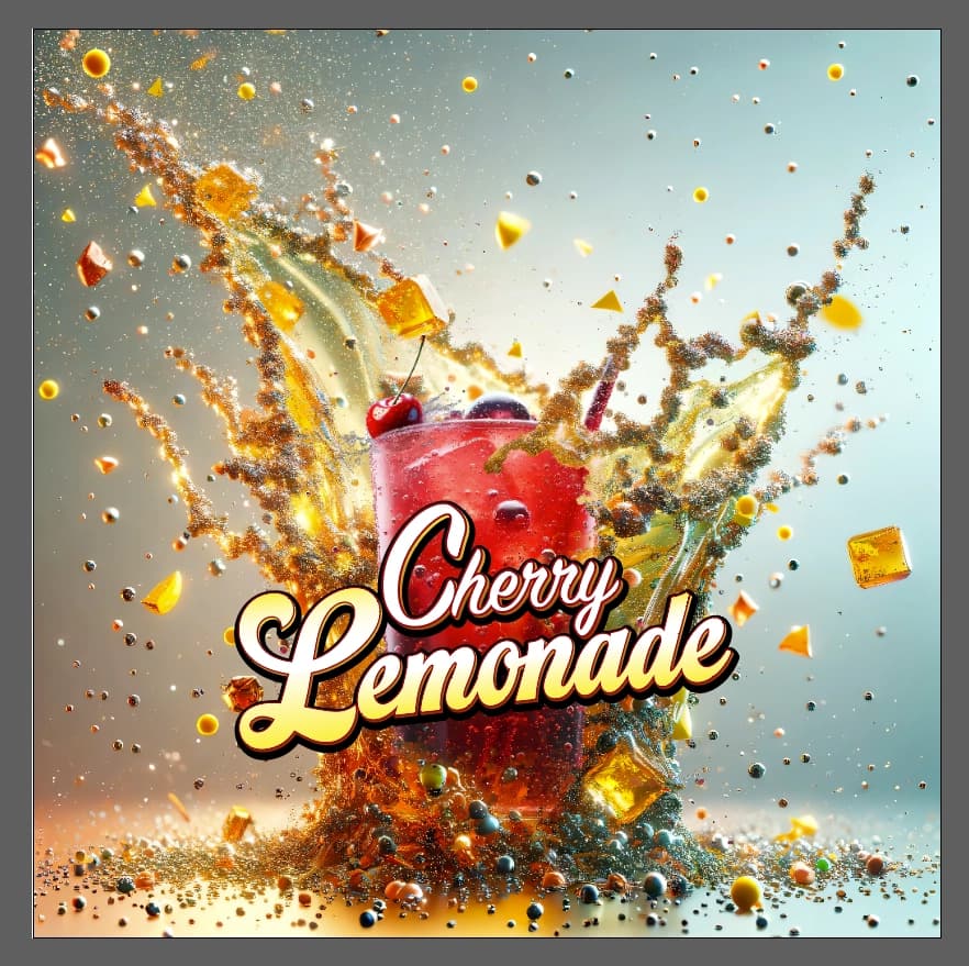 Production screen capture showing The Candi Factory Cherry Lemonade concept art receiving its title treatment for print