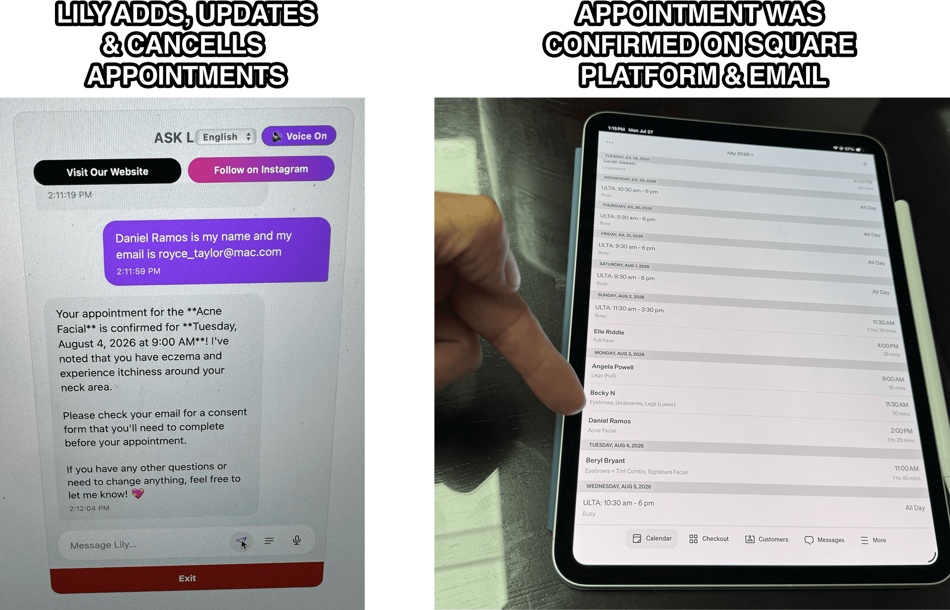 Lily booking an appointment, noting client details, and syncing the confirmed appointment to Square