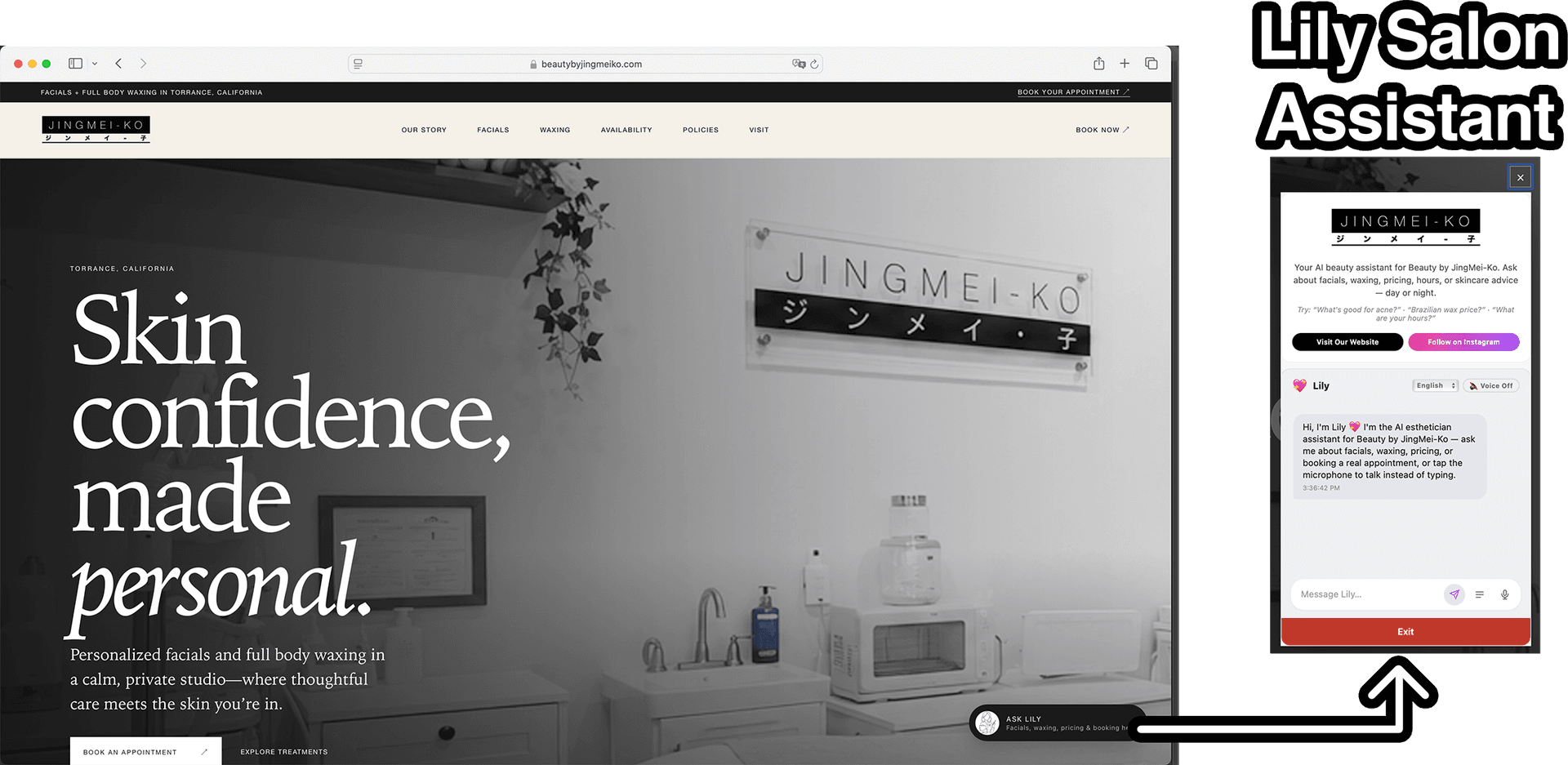 Lily's chat widget live on the Beauty by JingMei-ko website, showing where and how clients access her