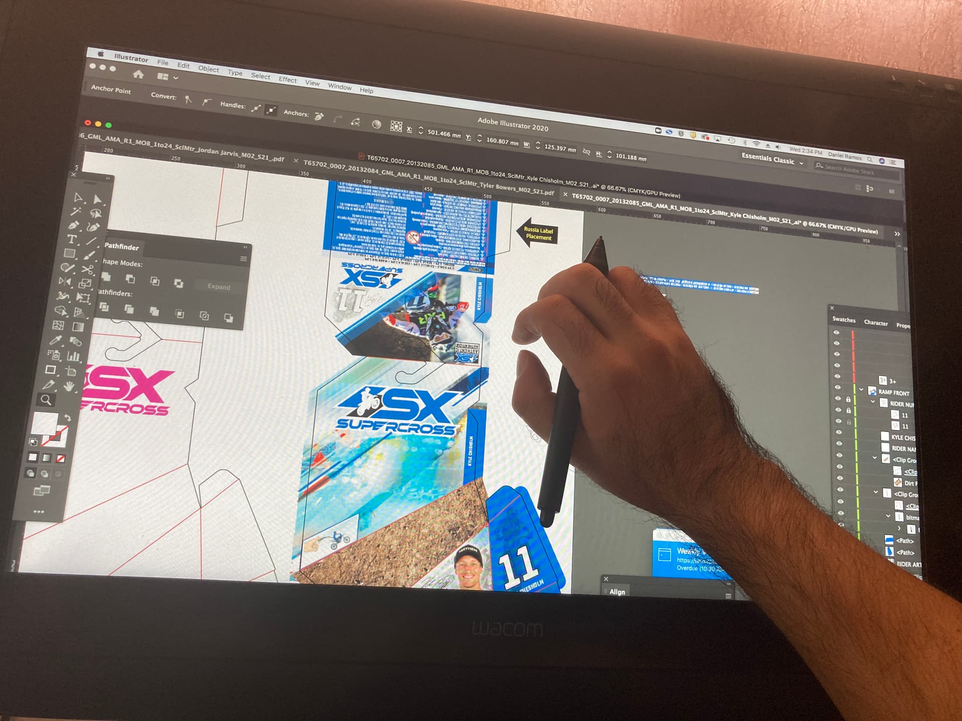 Supercross motocross packaging label production in Illustrator, multi-territory dieline