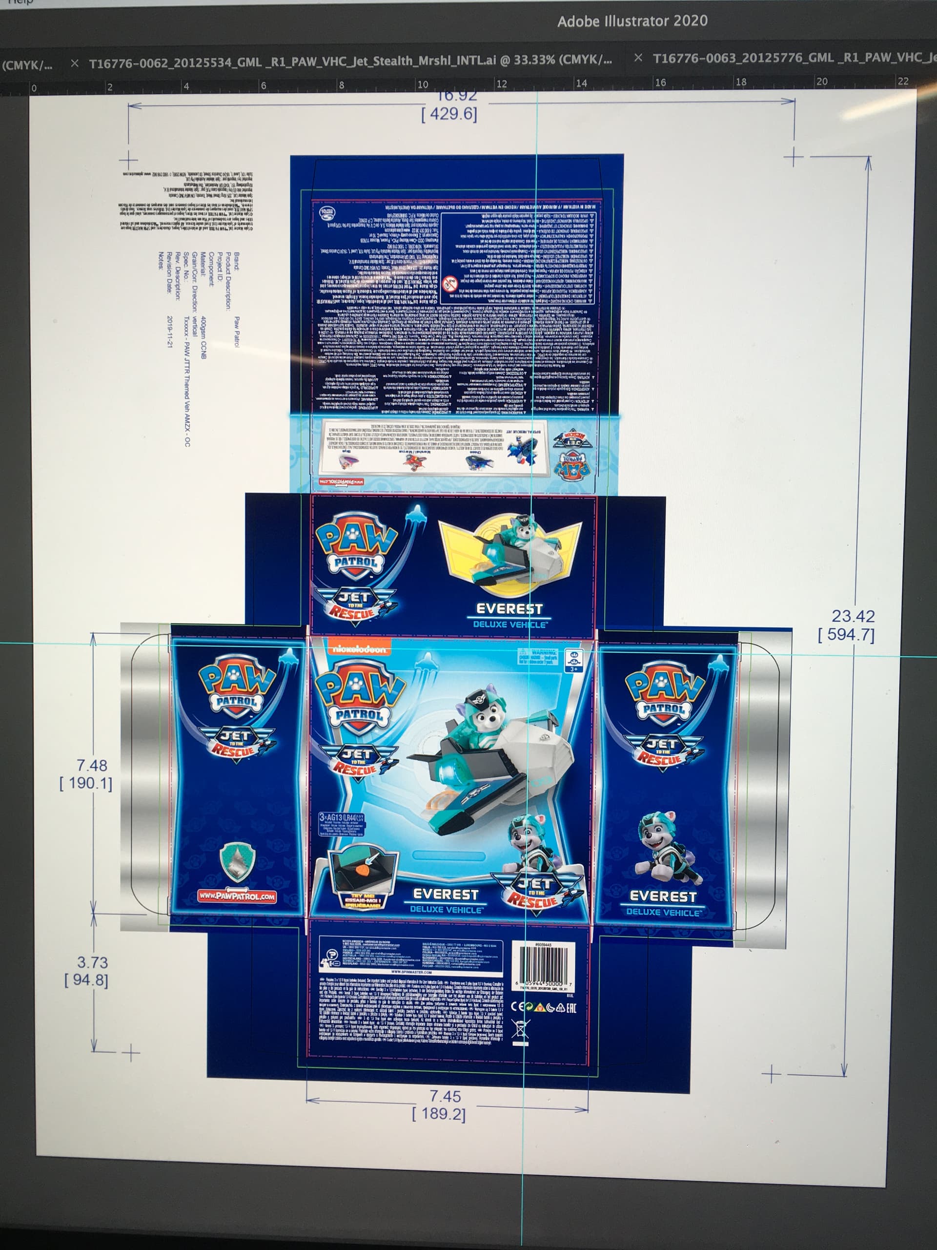 Paw Patrol Jet to the Rescue Everest Deluxe Vehicle packaging dieline, production proof with full spec block