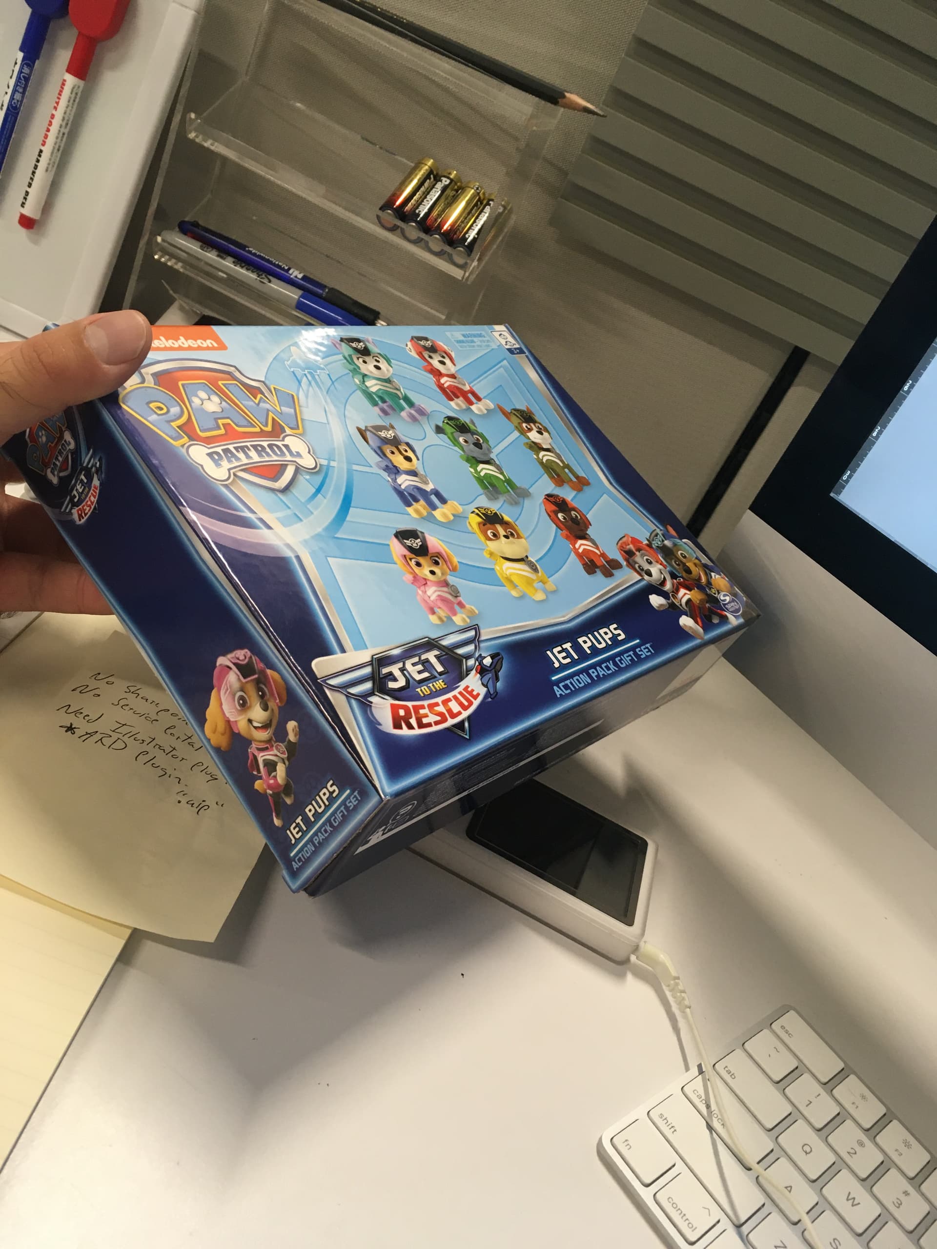 Finished Paw Patrol Jet Pups gift set held for quality control review