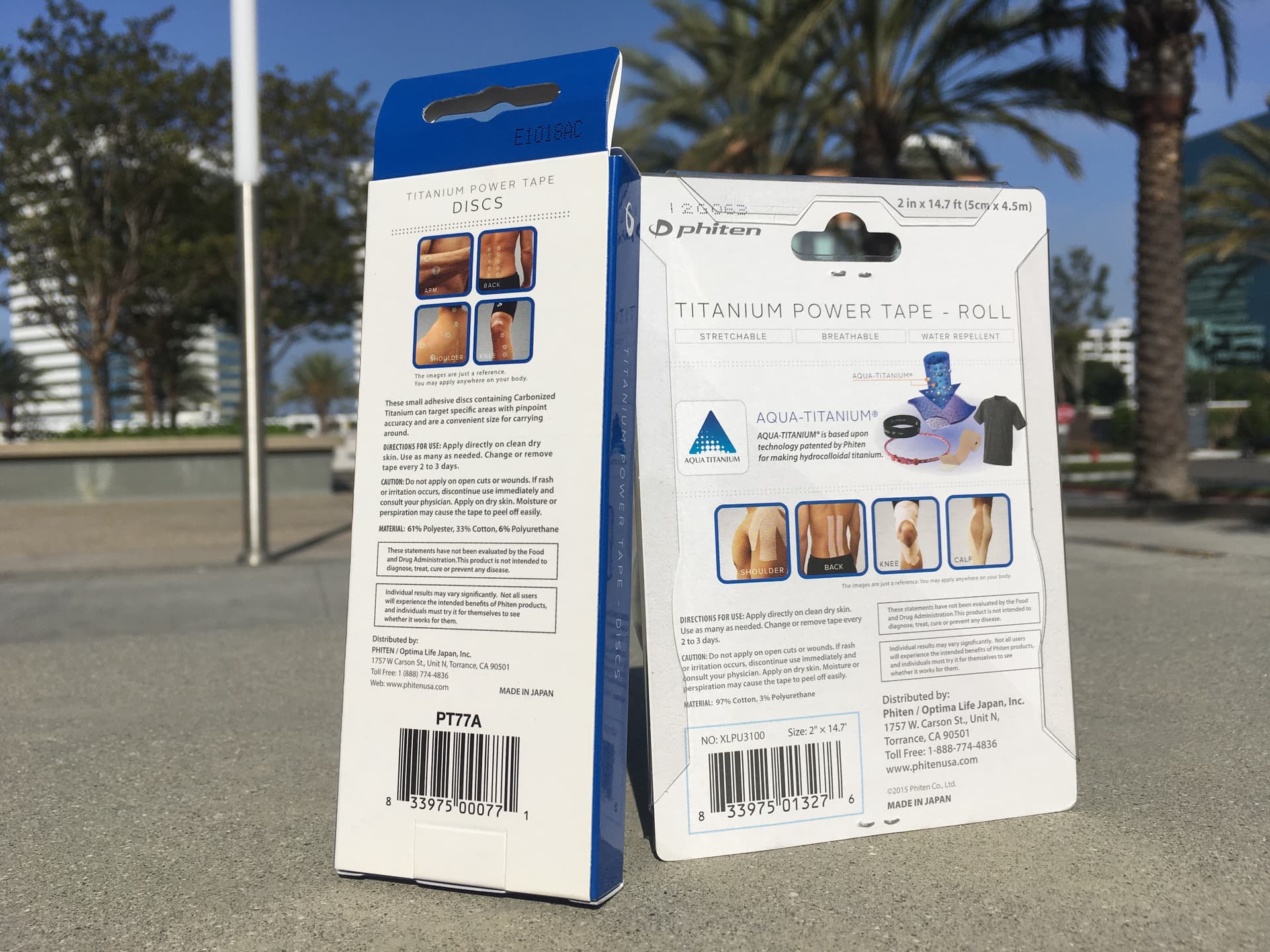 Phiten Titanium Power Tape back panel showing U.S. distributor information and Made in Japan sourcing