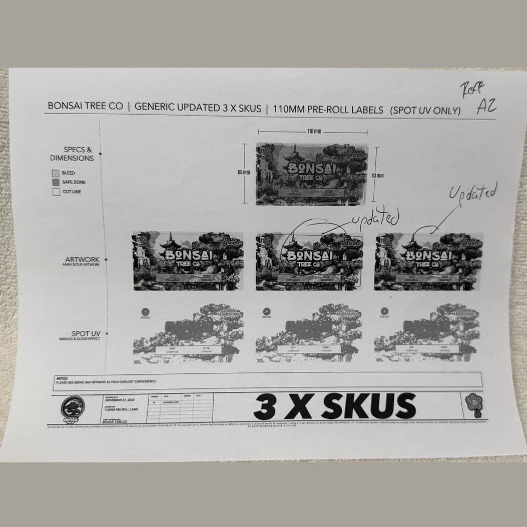 Bonsai Tree Co pre-roll label production spec and proof sheet with spot UV callouts