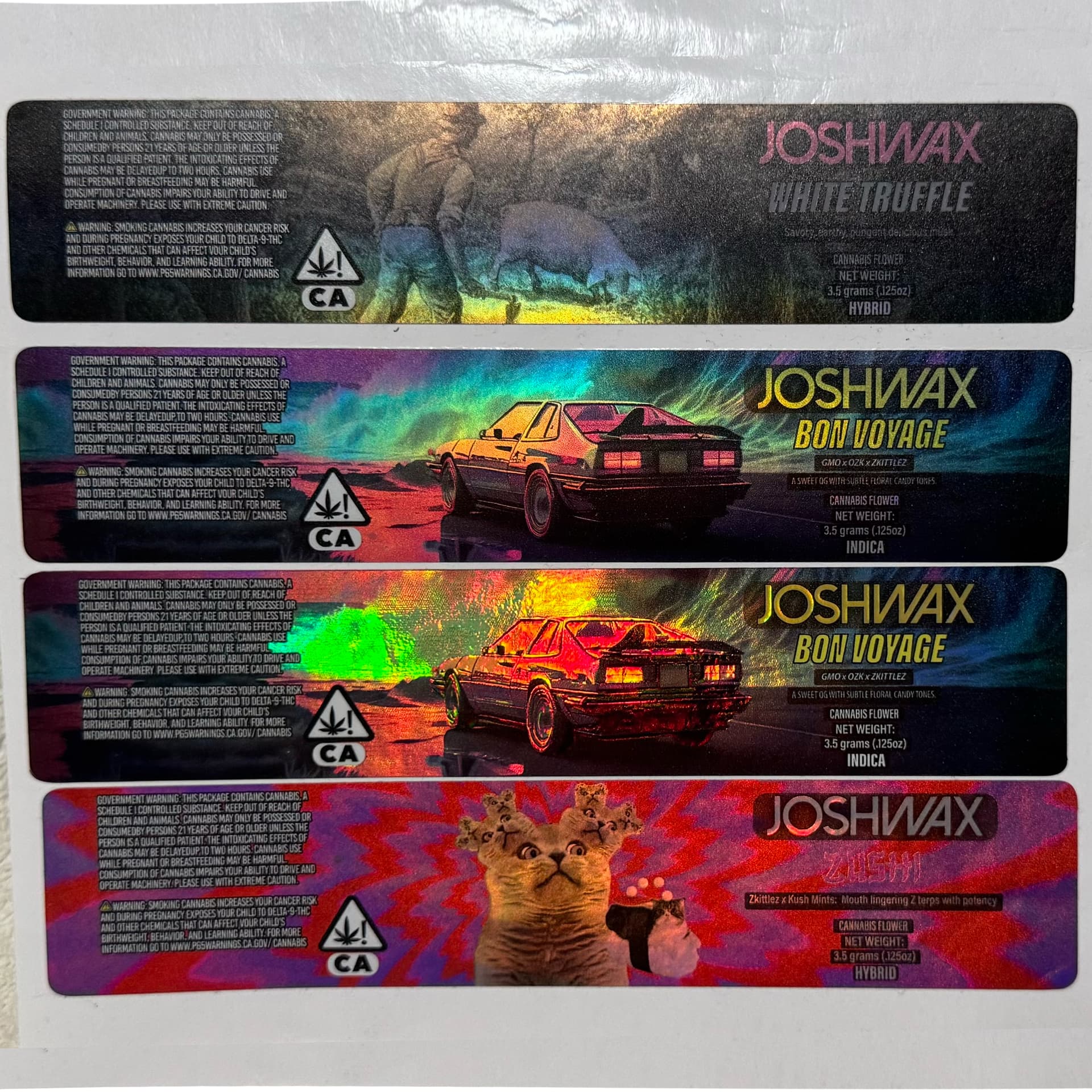 JoshWax cannabis flower label sheet, multiple strains