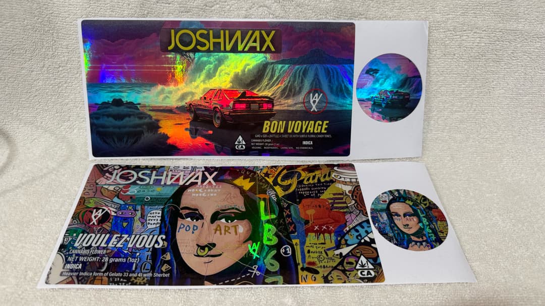 JoshWax Bon Voyage and Voulez Vous holographic cannabis flower labels
